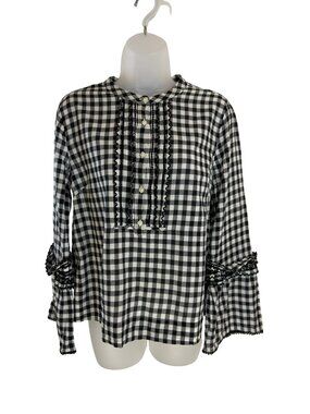 J. Crew Black and White Gingham Long Bell Sleeve Shirt Size 10